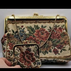 Vintage 1960s Cross Stitch Hand Bag + Coin Purse Autumn Floral Aesthetic Purse